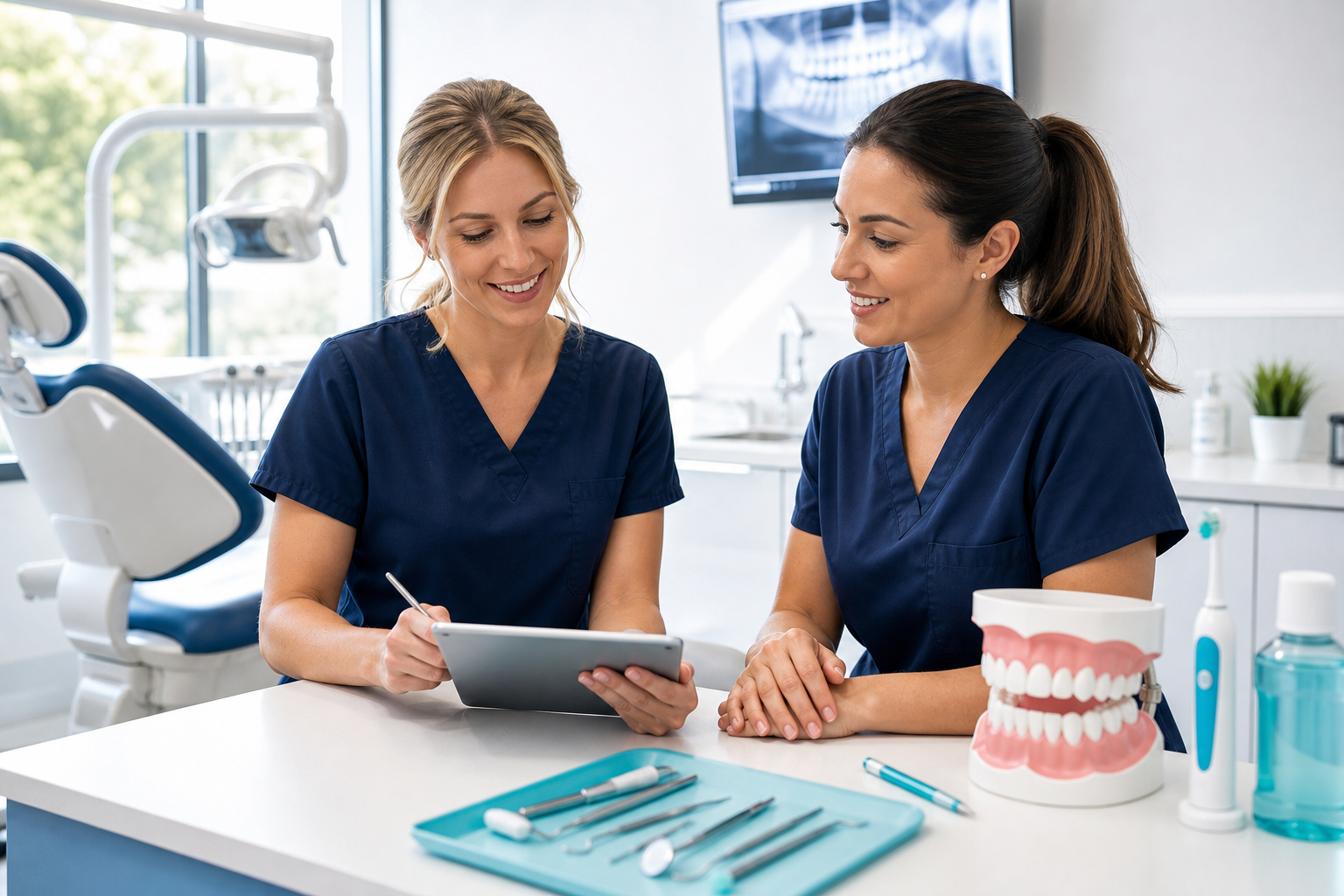 Spezialisiertes Prophylaxe-Team mit Zahnmodell