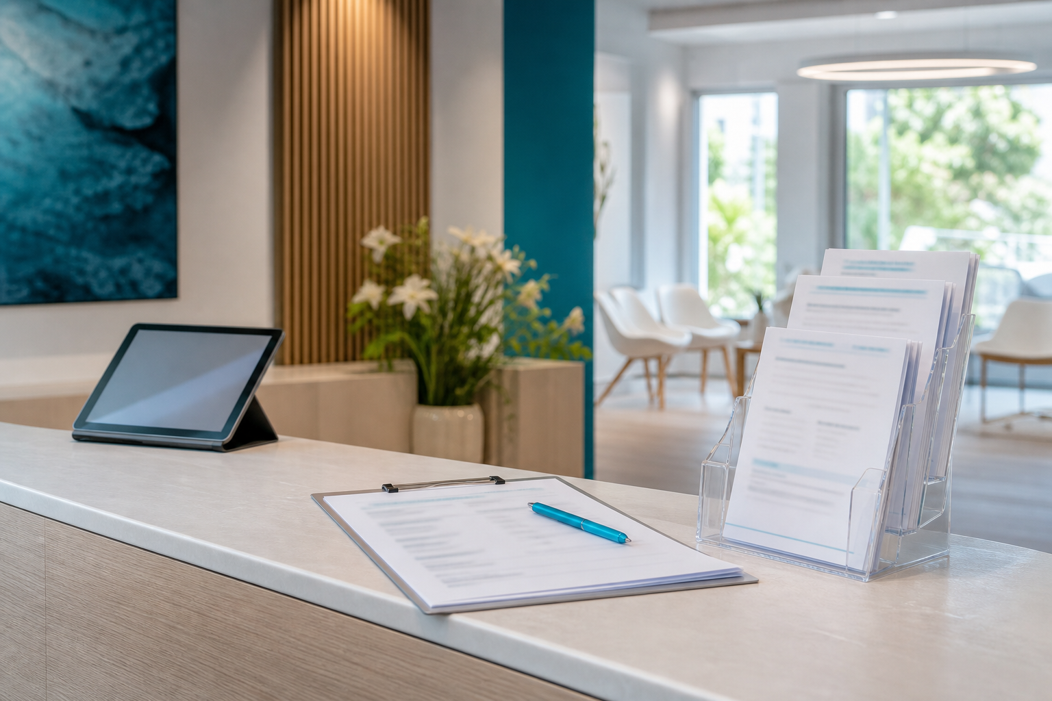 Vorbereitete Patientenunterlagen und Tablet am Praxisempfang