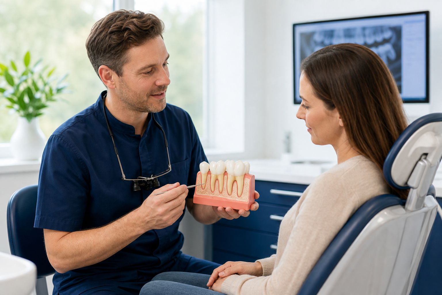 Beratung zur Zahnfleischgesundheit anhand eines Gebissmodells