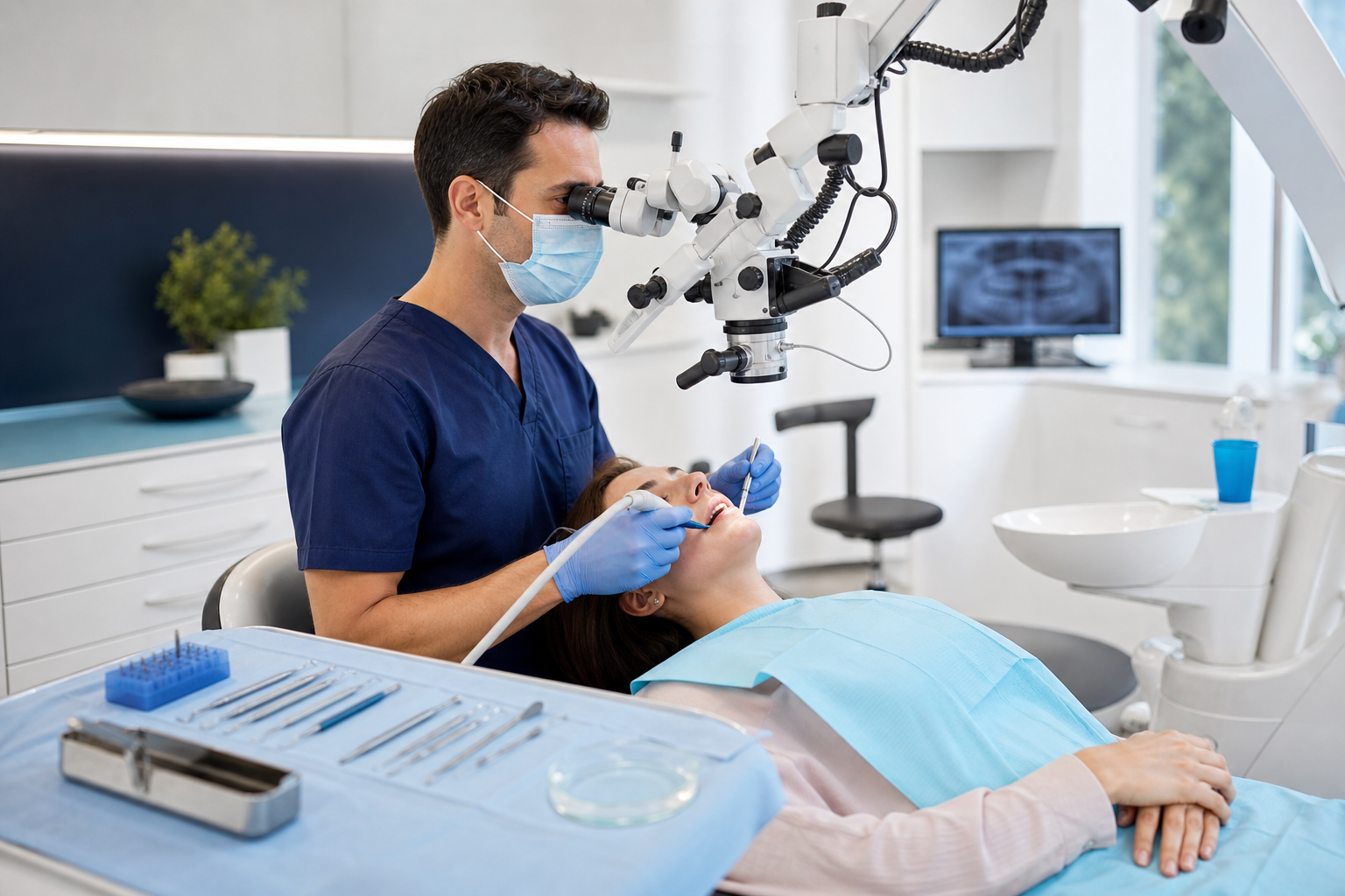 Präzise Wurzelkanalbehandlung unter einem Dentalmikroskop